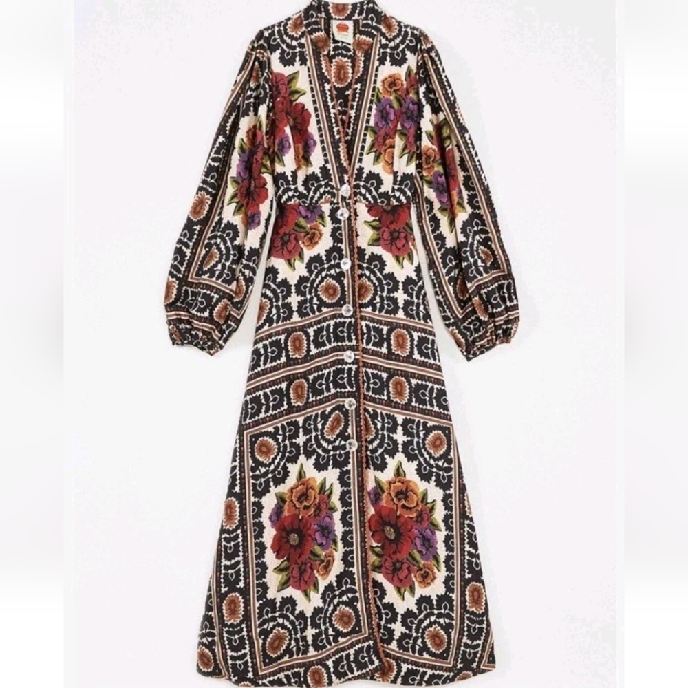 FARM Rio Black Floral Long Sleeve Maxi Dress with Pink and Orange Accents - Picture 6 of 6